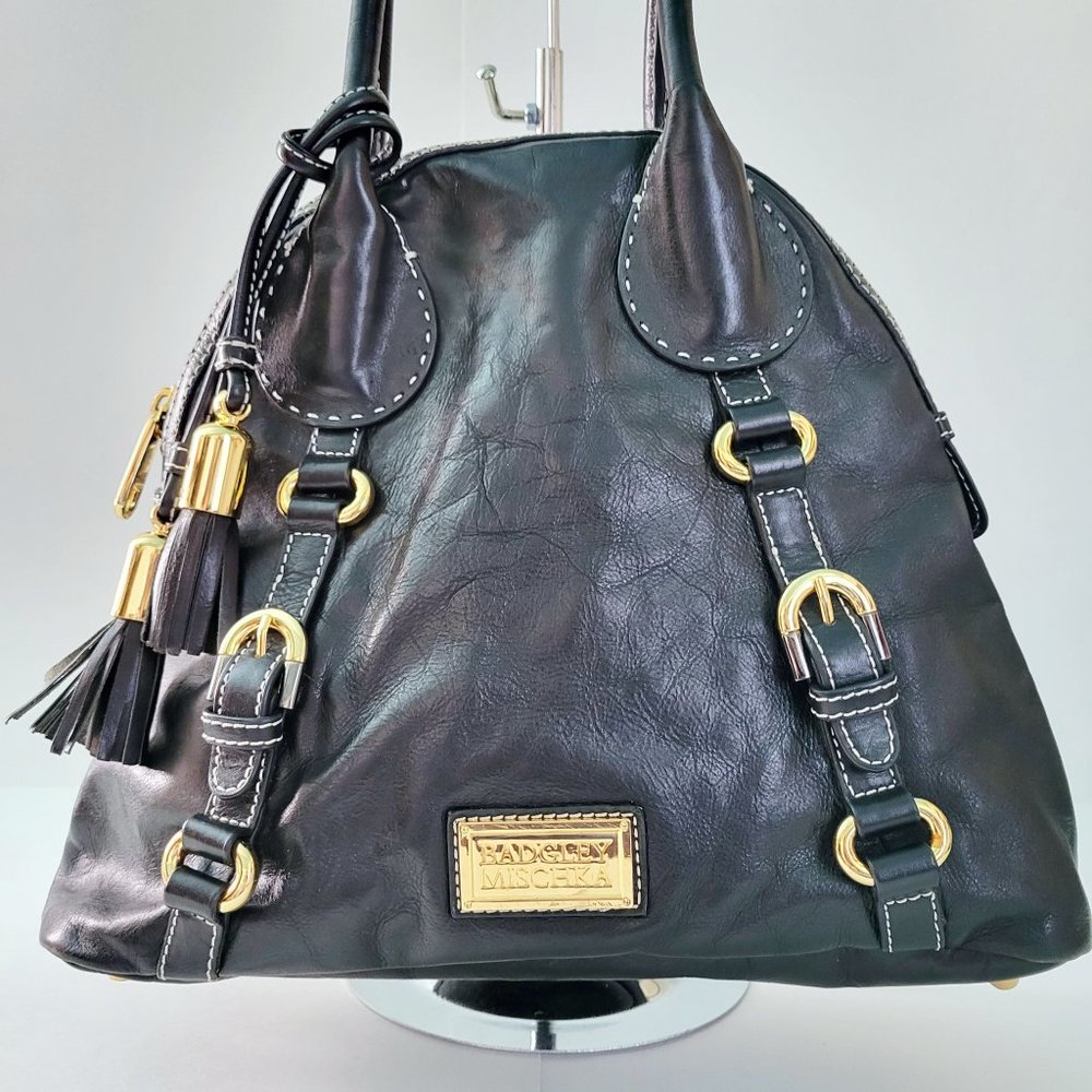 Badgley Mischka Black Vegan Faux Leather Bowler Bag Domed Satchel VGC
